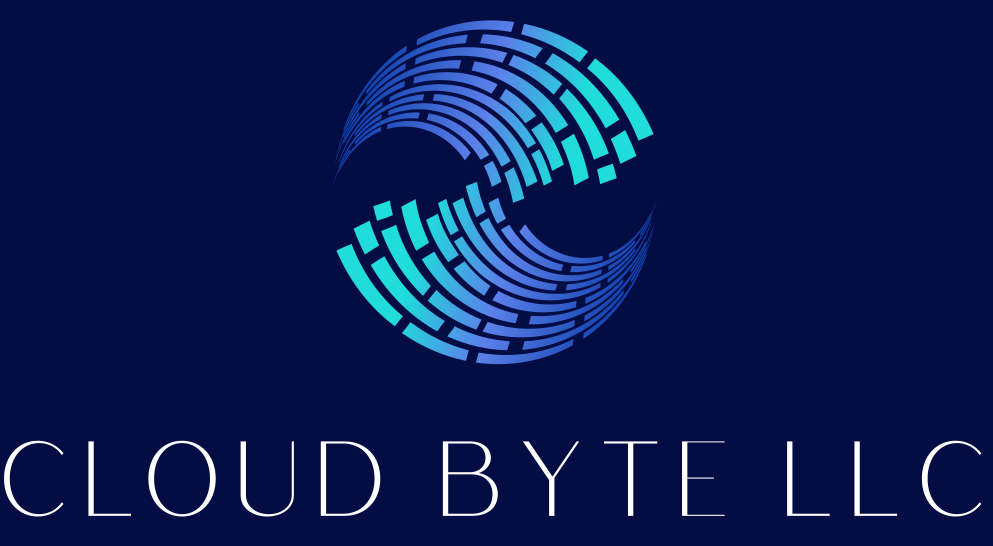 A blue and white logo of cloud byte